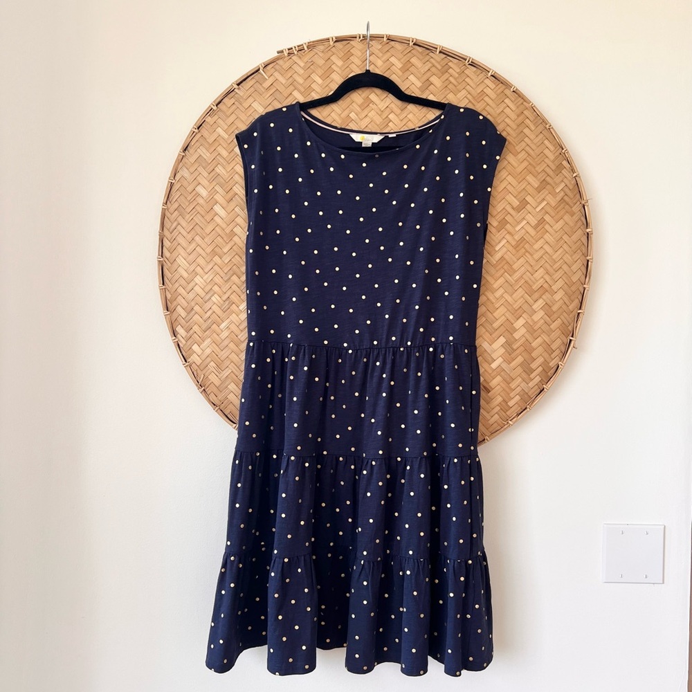 STYLISH BODEN ROMAINE SLEEVELESS DRESS BLUE W/ GOLD POLKA DOTS TIERED SKIRT EUC - Picture 6 of 15